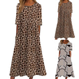 Women's Short Sleeve Dress Plus Size Casual Leopard Round Neck Dress with Pockets 