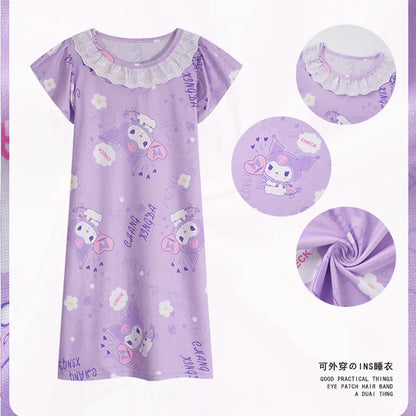 Children's Short Sleeve Pajama Dress, Girls Nightgown Clothes, Kids Family Outfits, Cartoon, Summer 2024 