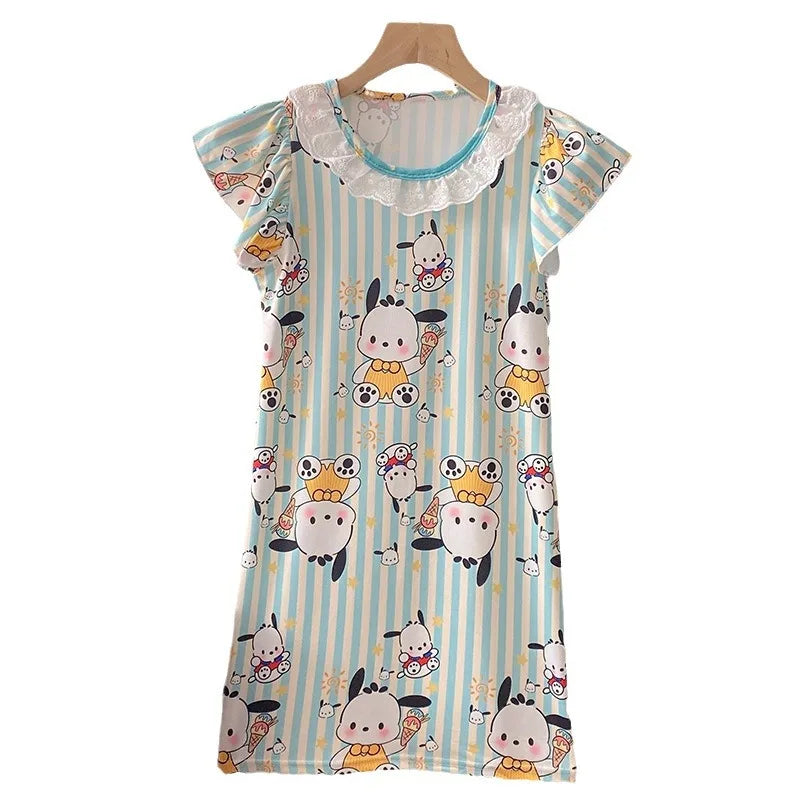 Children's Short Sleeve Pajama Dress, Girls Nightgown Clothes, Kids Family Outfits, Cartoon, Summer 2024 