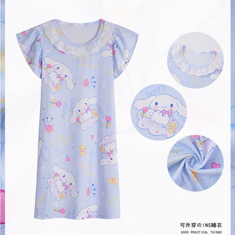 Children's Short Sleeve Pajama Dress, Girls Nightgown Clothes, Kids Family Outfits, Cartoon, Summer 2024 