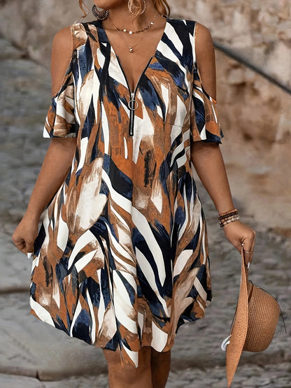 Vestido elegante de mujer con hombros descubiertos, informal, para vacaciones, con cremallera, cuello en V, holgado, de corte A, ropa con curvas, tallas grandes, de verano 