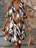 Vestido elegante de ombro feminino, zíper casual para férias, gola V, vestidos soltos em linha, roupas curvas, plus size, verão
