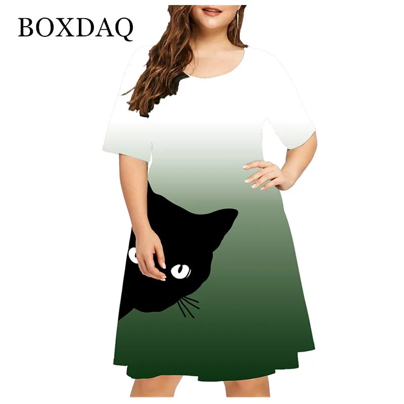 2021 Summer New Cute Cat Print Dress Women Short Sleeve Casual Mini Dress Ladies Streetwear Fashion Female Clothing Plus Size 4XL 
