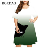 2021 Summer New Cute Cat Print Dress Women Short Sleeve Casual Mini Dress Ladies Streetwear Fashion Female Clothing Plus Size 4XL 