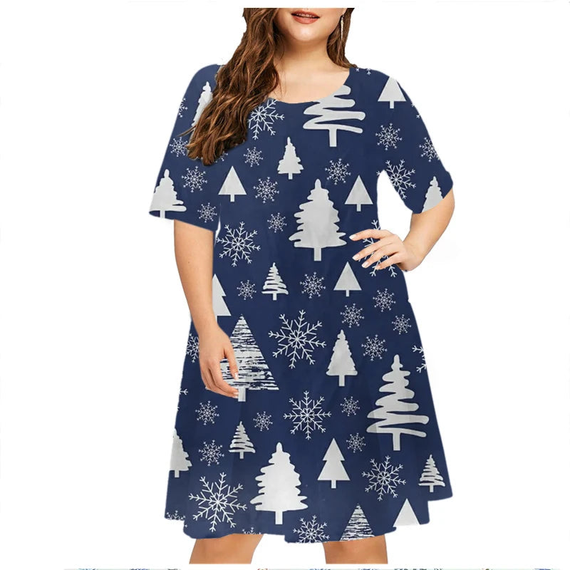 Vestido estampado de Natal de manga comprida feminino, decote em O, neve, solto, plus size, 6XL, roupas de moda, ano novo, verão, 2023