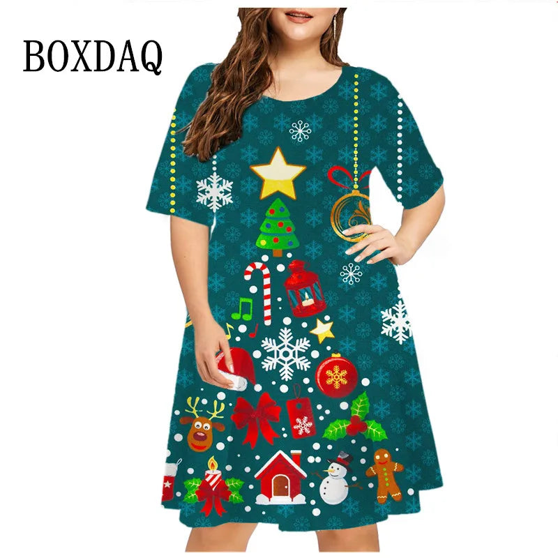 Vestido estampado de Natal de manga comprida feminino, decote em O, neve, solto, plus size, 6XL, roupas de moda, ano novo, verão, 2023