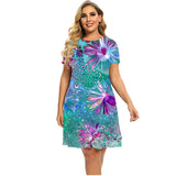 Women's Plant Flower Print Dress Short Sleeve Loose A-line Dress O-neck Casual Dress Plus Size Summer 