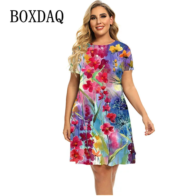 Women's Plant Flower Print Dress Short Sleeve Loose A-line Dress O-neck Casual Dress Plus Size Summer 
