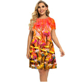 Women's Plant Flower Print Dress Short Sleeve Loose A-line Dress O-neck Casual Dress Plus Size Summer 