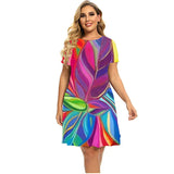 Women's Plant Flower Print Dress Short Sleeve Loose A-line Dress O-neck Casual Dress Plus Size Summer 