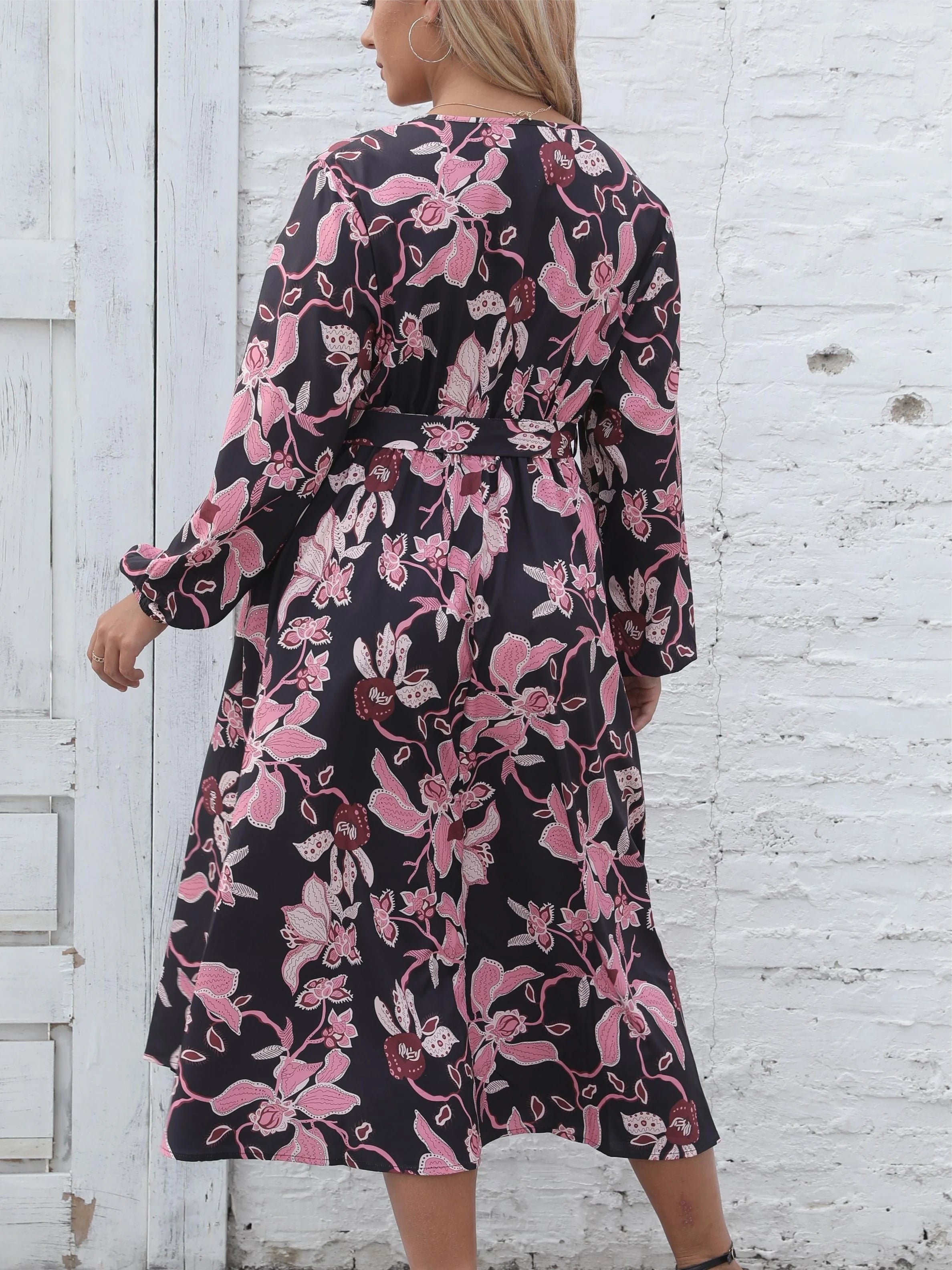 Women's long-sleeved printed dress, waist strap, elegant style, soft fashion, feminine temperament, new, autumn and winter, plus size, 0XL, 4XL 