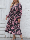 Women's long-sleeved printed dress, waist strap, elegant style, soft fashion, feminine temperament, new, autumn and winter, plus size, 0XL, 4XL 