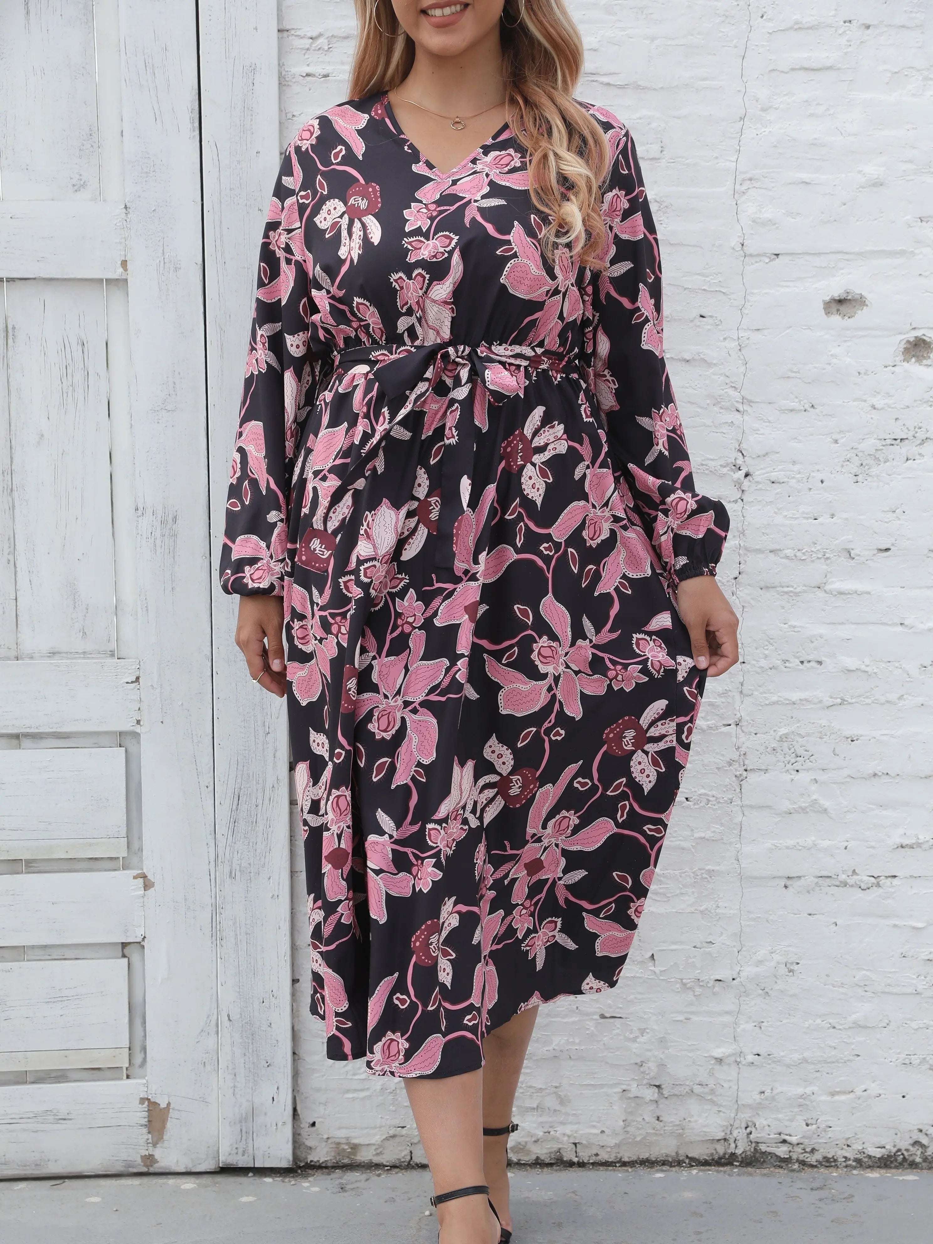 Women's long-sleeved printed dress, waist strap, elegant style, soft fashion, feminine temperament, new, autumn and winter, plus size, 0XL, 4XL 