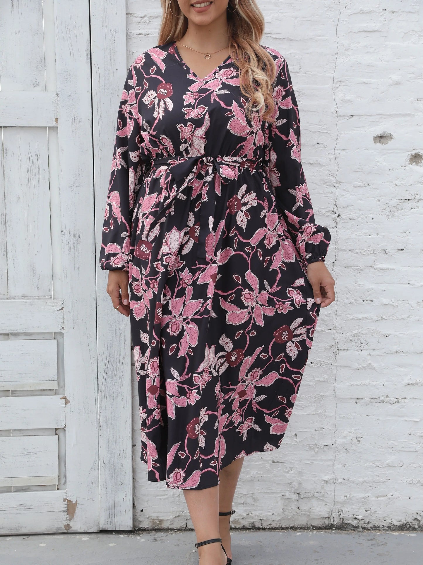 Vestido estampado de manga comprida feminino, alça de cintura, estilo elegante, moda suave, temperamento feminino, novo, outono e inverno, tamanho positivo, 0XL, 4XL