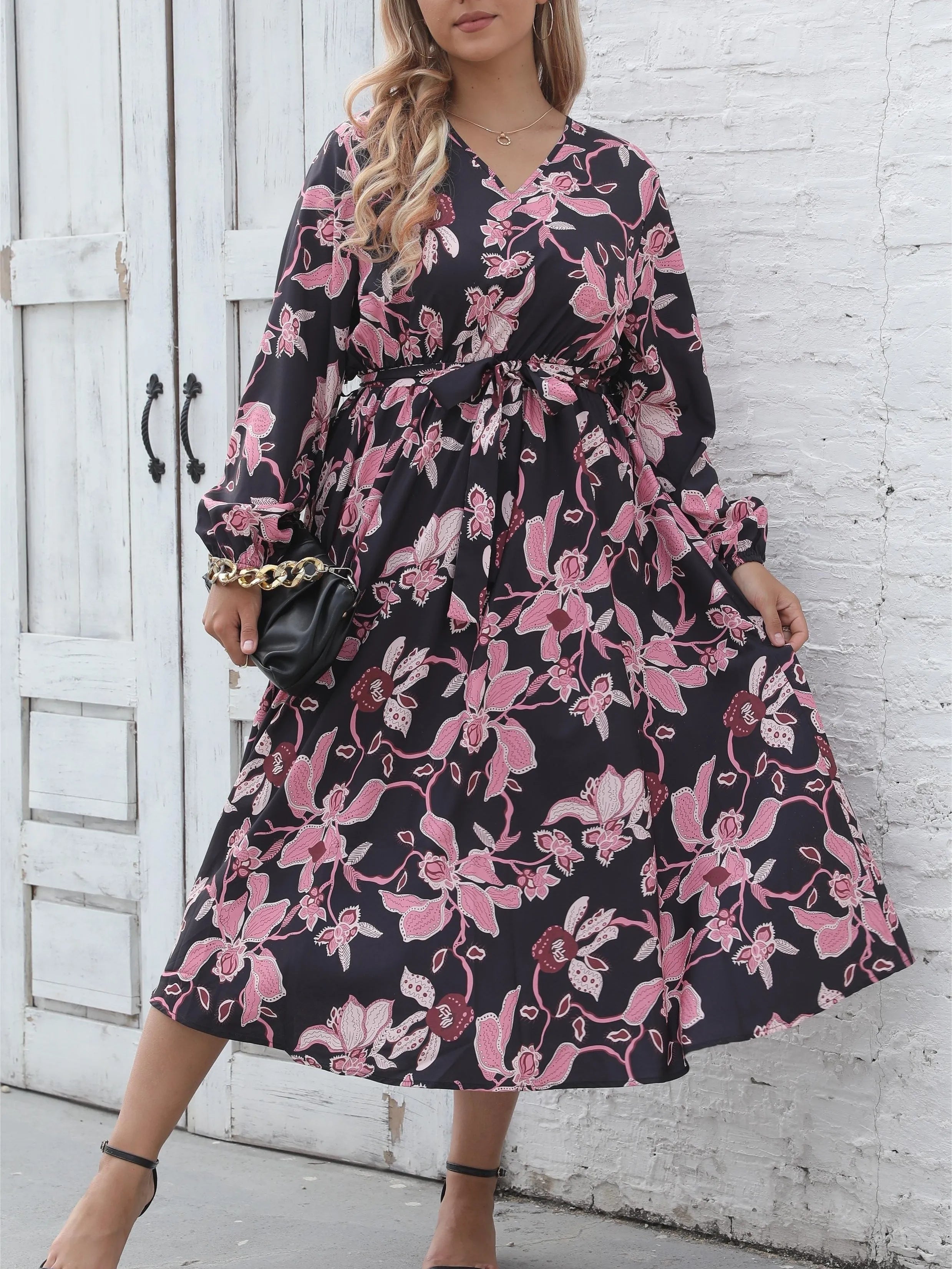 Women's long-sleeved printed dress, waist strap, elegant style, soft fashion, feminine temperament, new, autumn and winter, plus size, 0XL, 4XL 