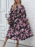Women's long-sleeved printed dress, waist strap, elegant style, soft fashion, feminine temperament, new, autumn and winter, plus size, 0XL, 4XL 
