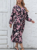 Women's long-sleeved printed dress, waist strap, elegant style, soft fashion, feminine temperament, new, autumn and winter, plus size, 0XL, 4XL 