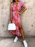 Vestido estampado floral para mulheres, vestido de manga curta com gola cortada, vestido casual, tamanho grande, para a primavera e o verão