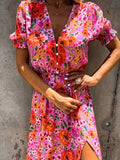 Vestido estampado floral para mulheres, vestido de manga curta com gola cortada, vestido casual, tamanho grande, para a primavera e o verão