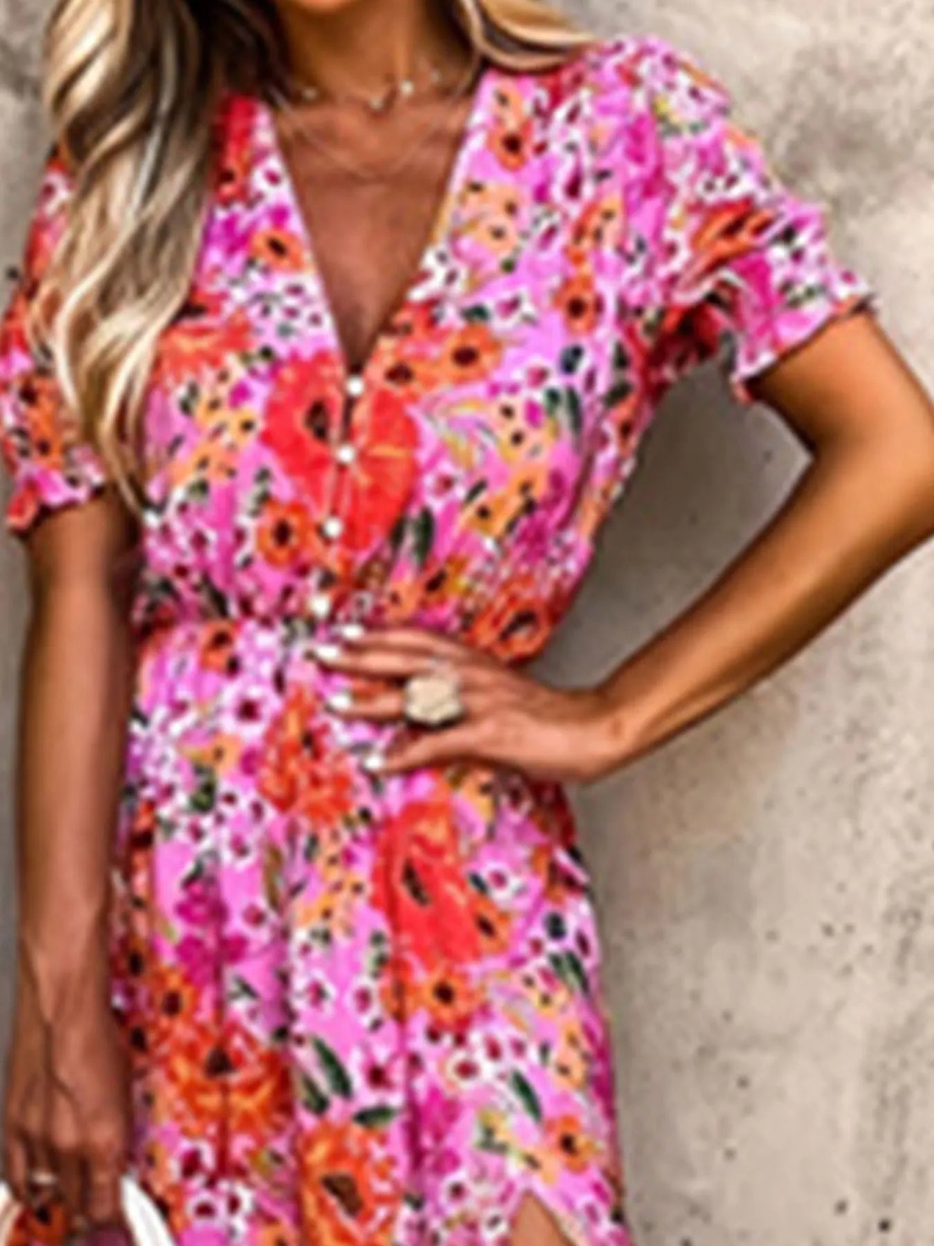 Vestido estampado floral para mulheres, vestido de manga curta com gola cortada, vestido casual, tamanho grande, para a primavera e o verão