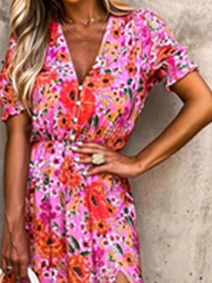 Vestido estampado floral para mulheres, vestido de manga curta com gola cortada, vestido casual, tamanho grande, para a primavera e o verão