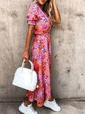 Vestido estampado floral para mulheres, vestido de manga curta com gola cortada, vestido casual, tamanho grande, para a primavera e o verão