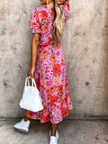 Vestido estampado floral para mulheres, vestido de manga curta com gola cortada, vestido casual, tamanho grande, para a primavera e o verão