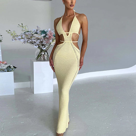 Women's V Neck Sleeveless Lace Backless Cut Out Bustier Mesh Wrap Dress Summer Beach Dress 