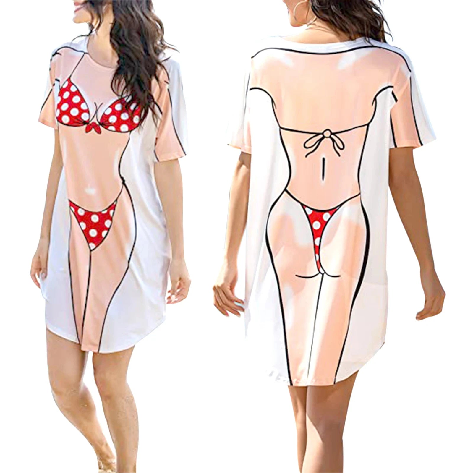 Vestido feminino da moda de verão, estampa biquíni 3D, gola redonda, manga curta, roupa de casa solta, pijama plus size feminino fofo