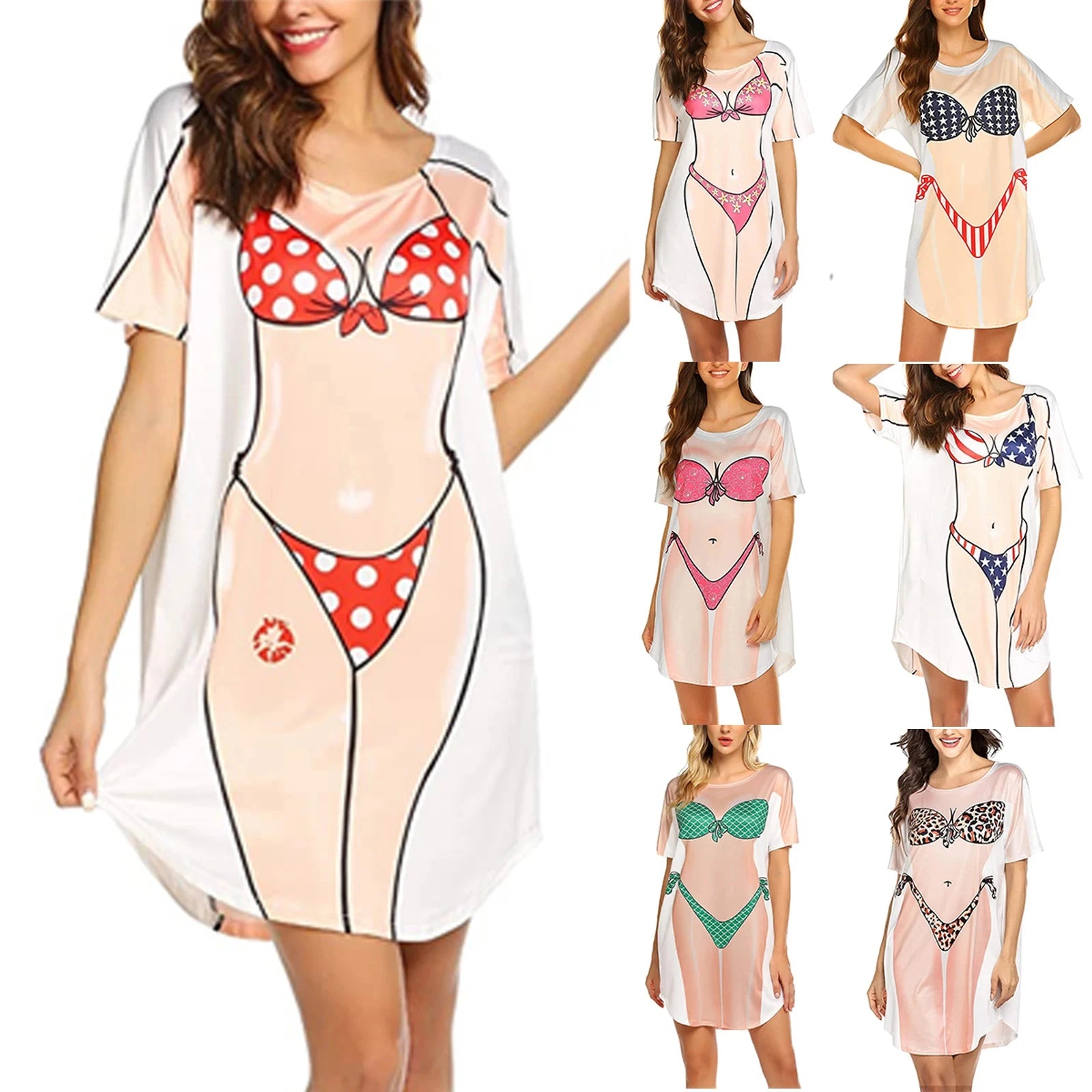 Vestido feminino da moda de verão, estampa biquíni 3D, gola redonda, manga curta, roupa de casa solta, pijama plus size feminino fofo