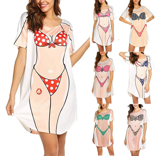 Vestido feminino da moda de verão, estampa biquíni 3D, gola redonda, manga curta, roupa de casa solta, pijama plus size feminino fofo