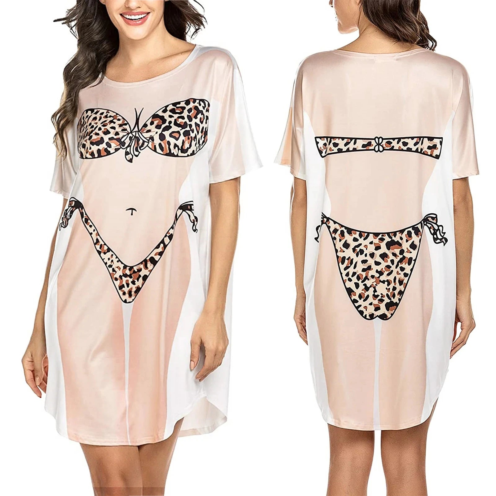 Vestido feminino da moda de verão, estampa biquíni 3D, gola redonda, manga curta, roupa de casa solta, pijama plus size feminino fofo