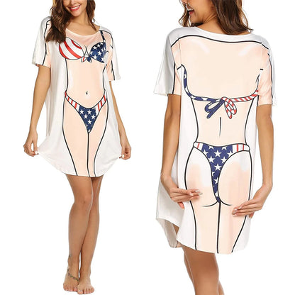 Vestido de verano de moda para mujer, estampado de bikini 3D, cuello redondo, manga corta, holgado, para el hogar, bonito pijama de talla grande para mujer 