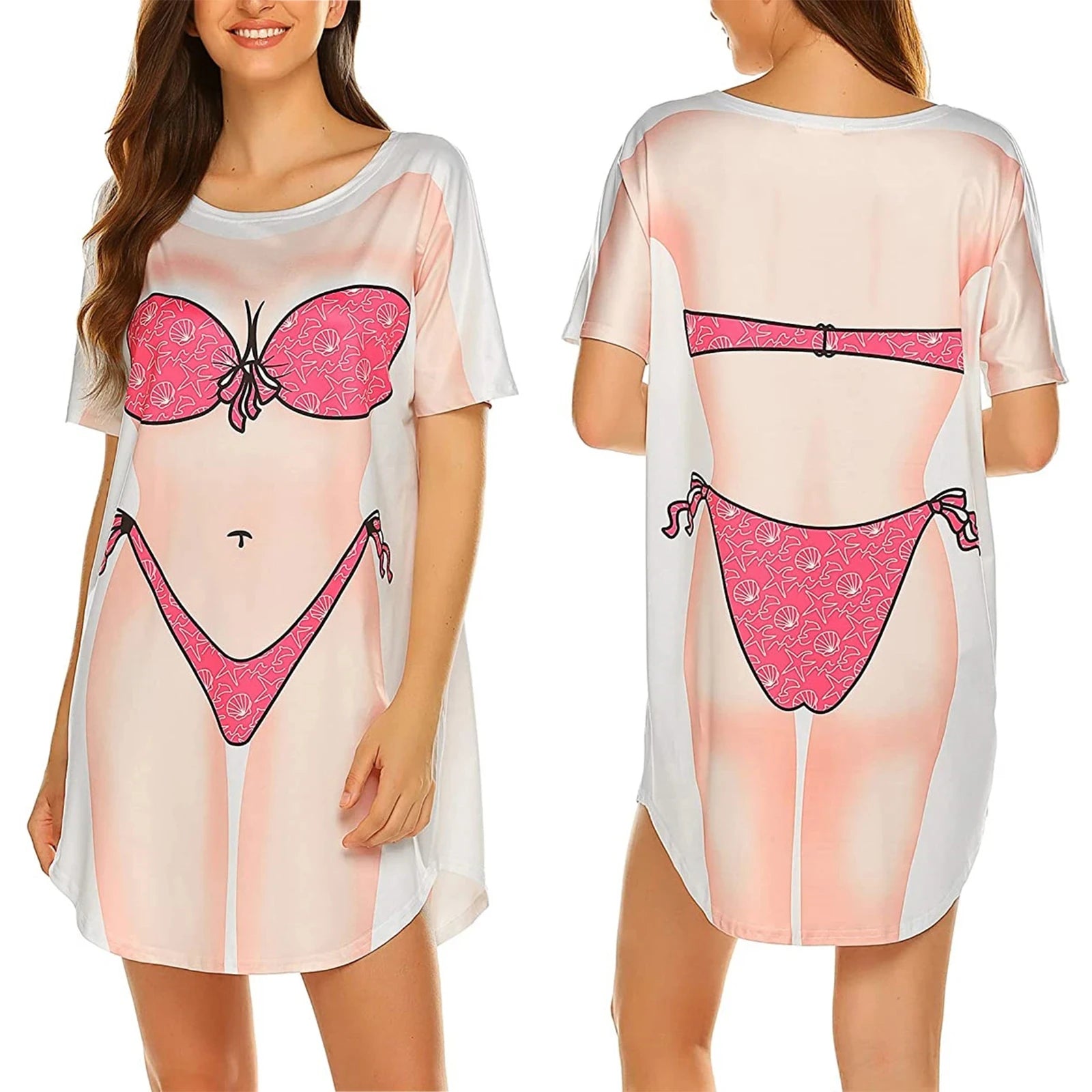 Vestido feminino da moda de verão, estampa biquíni 3D, gola redonda, manga curta, roupa de casa solta, pijama plus size feminino fofo