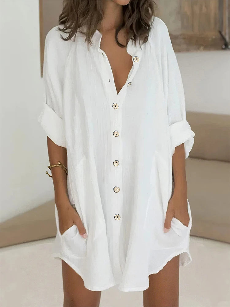 Vestido de mujer con cuello en V, botones, manga corta, peplum, cómodo, monocromático, talla grande, verano 2024, la mejor opción. 