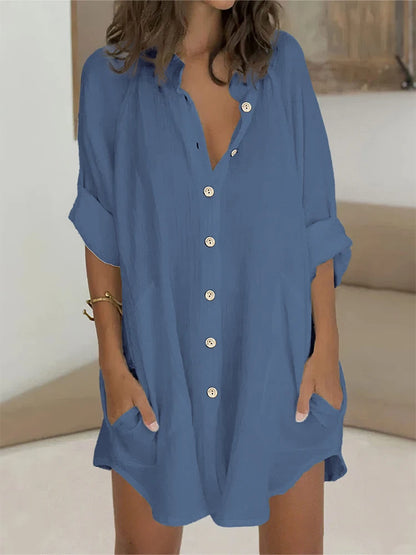 Vestido de mujer con cuello en V, botones, manga corta, peplum, cómodo, monocromático, talla grande, verano 2024, la mejor opción. 