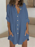 Vestido de mujer con cuello en V, botones, manga corta, peplum, cómodo, monocromático, talla grande, verano 2024, la mejor opción. 