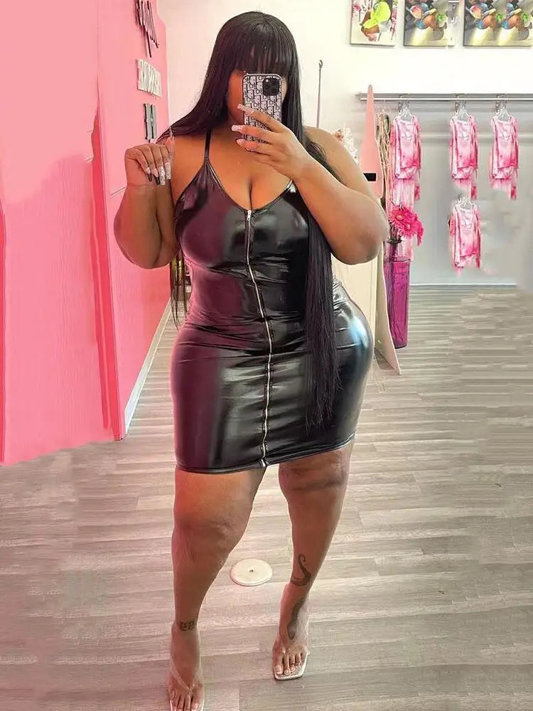Women's PU Leather Bodycon Dress, Plus Size Dresses, Sexy Short Dress, Sling Clubwear, Wholesale Bulk Dropshipping, 5XL 