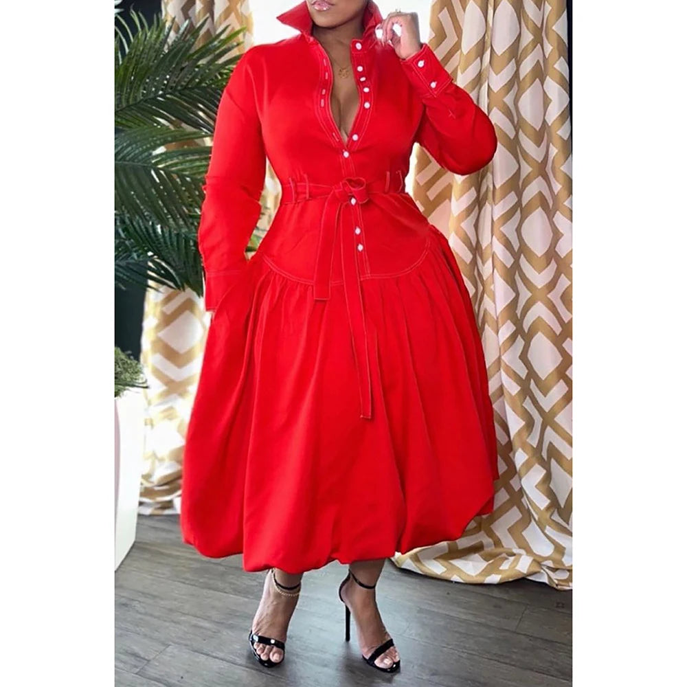 Women's Long Sleeve PU Leather Dress Button Up Half Red Pocket Fashion Plus Size 