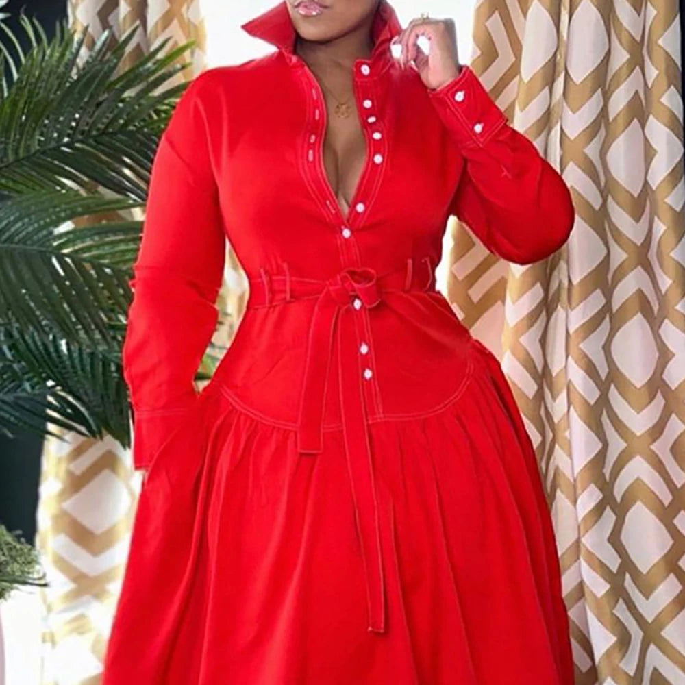 Women's Long Sleeve PU Leather Dress Button Up Half Red Pocket Fashion Plus Size 