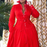 Women's Long Sleeve PU Leather Dress Button Up Half Red Pocket Fashion Plus Size 