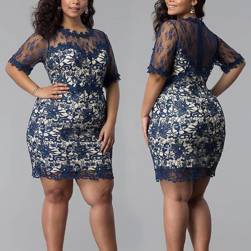 Vestido de encaje para mujer, de manga corta, talla grande, elegante, informal, para discoteca, sexy, de moda de verano 