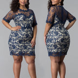 Vestido de encaje para mujer, de manga corta, talla grande, elegante, informal, para discoteca, sexy, de moda de verano 
