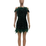 Vestido feminino de festa com plumas de lantejoulas, tamanho grande, mini roupa para senhora, baile de formatura elegante e luxuoso, outono feminino, bonito, 2023