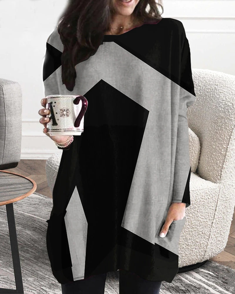 Vestido de patchwork con cuello en V y manga larga para mujer, estilo casual, talla grande, estilo europeo y americano. 