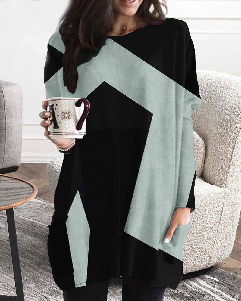 Vestido de patchwork con cuello en V y manga larga para mujer, estilo casual, talla grande, estilo europeo y americano. 