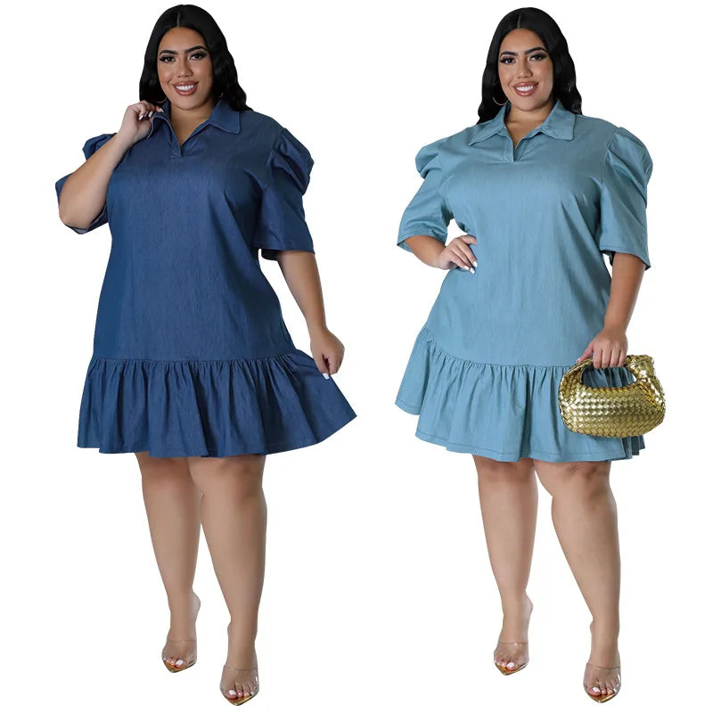 Vestido feminino de manga curta com lapela, estilo babados, vestidos casuais soltos, plus size, 3XL, 4XL, 5XL, Novo, 2024