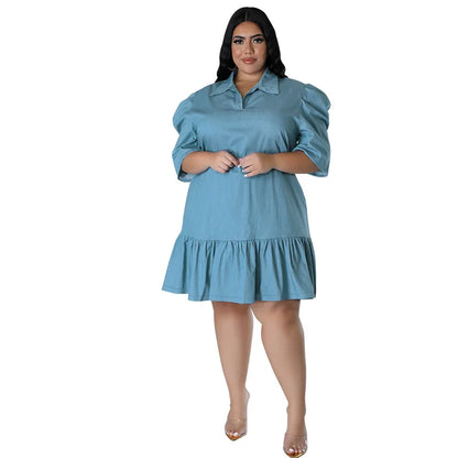 Vestido feminino de manga curta com lapela, estilo babados, vestidos casuais soltos, plus size, 3XL, 4XL, 5XL, Novo, 2024