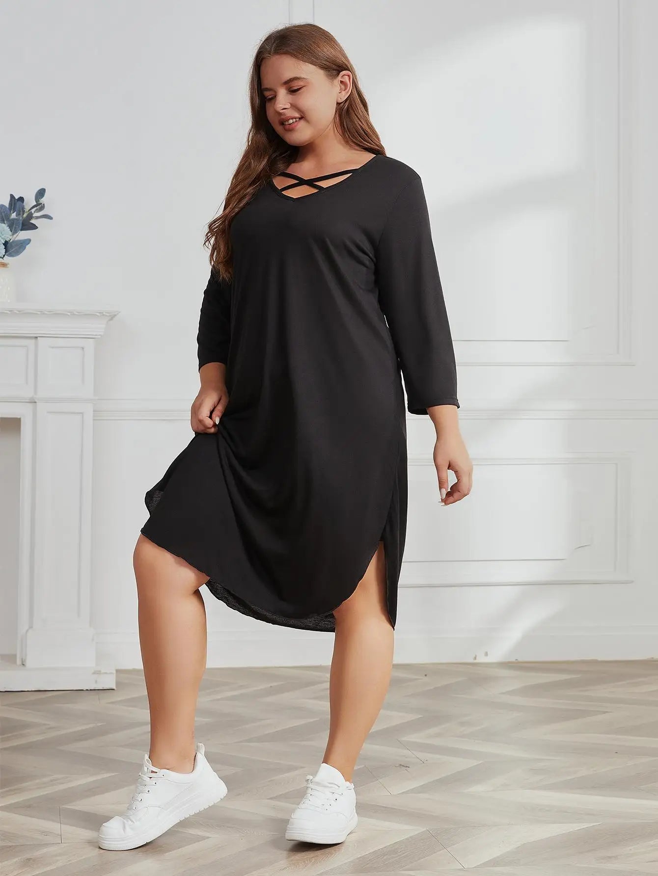 Women's Monochrome Three Quarter Sleeve Dress Casual Dresses Criss-Cross V-Neck Side Split Ladies Clothing Plus Size Summer 