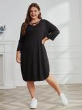 Women's Monochrome Three Quarter Sleeve Dress Casual Dresses Criss-Cross V-Neck Side Split Ladies Clothing Plus Size Summer 
